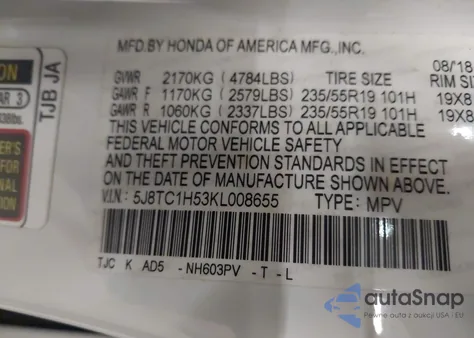 2019 Acura Rdx Technology Package z USA, uszkodzony, nr VIN 5J8TC1H53KL008655